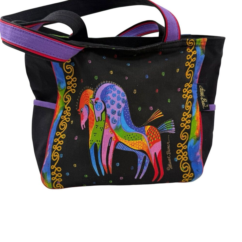 Laurel Burch Small Scoop Tote Bag Rainbow Horses on Black Canvas Shoulder Strap